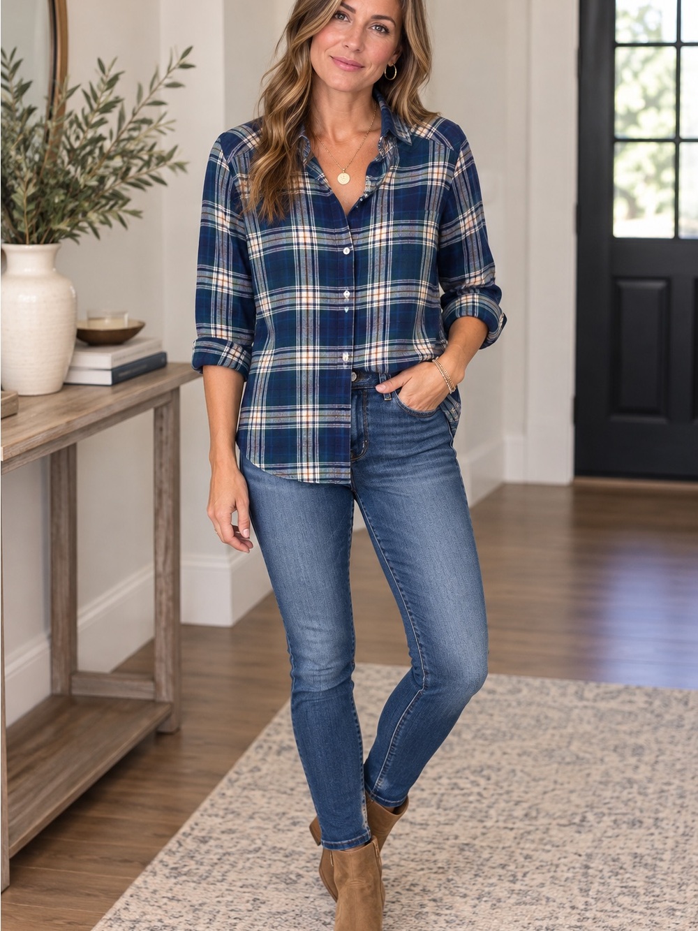 Old Navy Blue Plaid Button-Down Shirt size medium